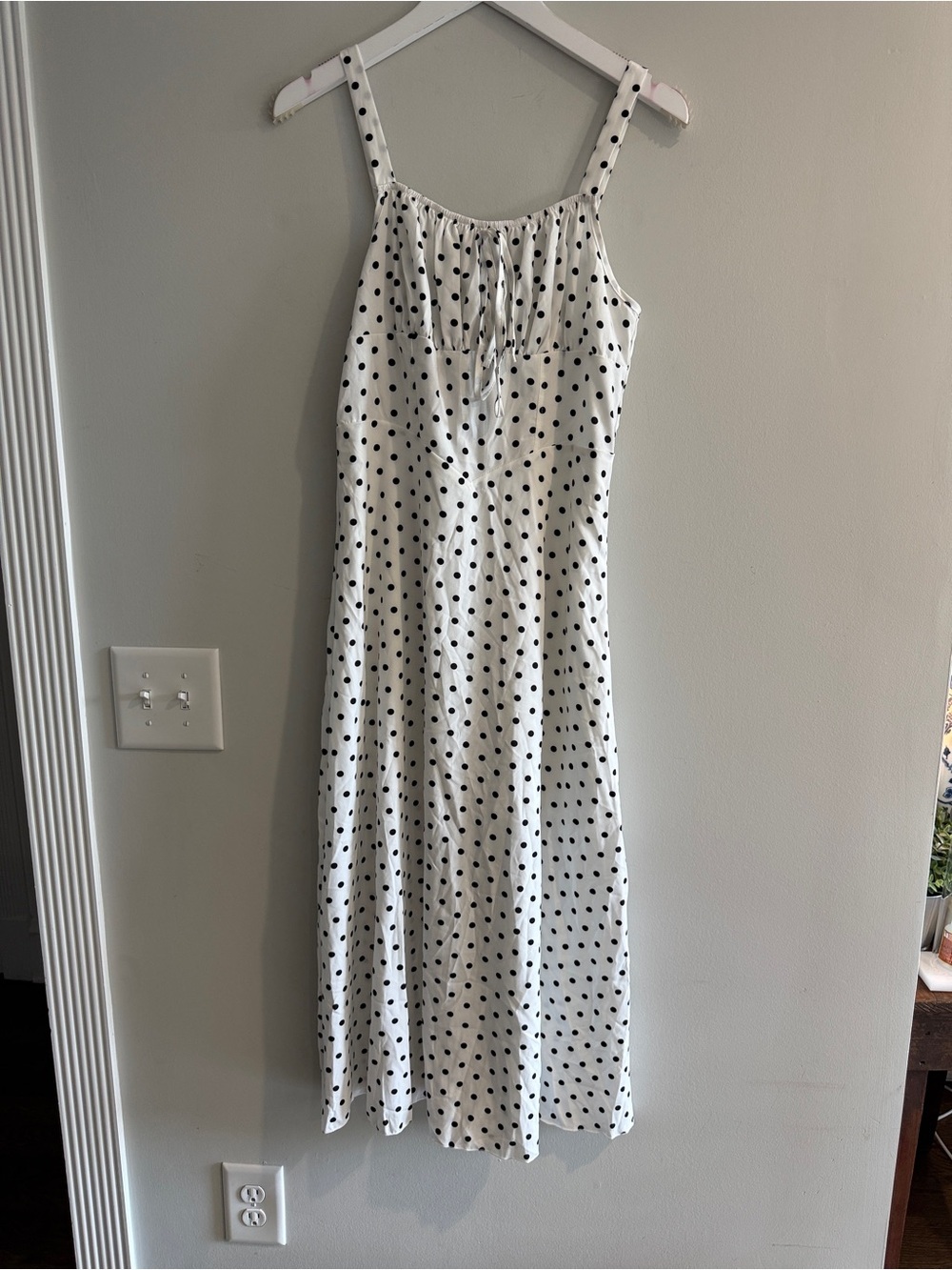White Polka Dot Midi Dress with Adjustable Straps Lightweight half Lined M